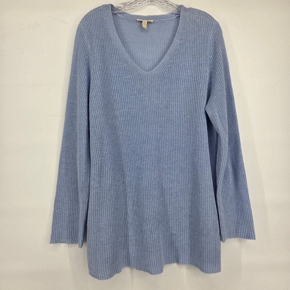 Eileen Fisher‎ Sweater L Blue Organic Linen V-Neck Tunic Coastal Minimalist Boho